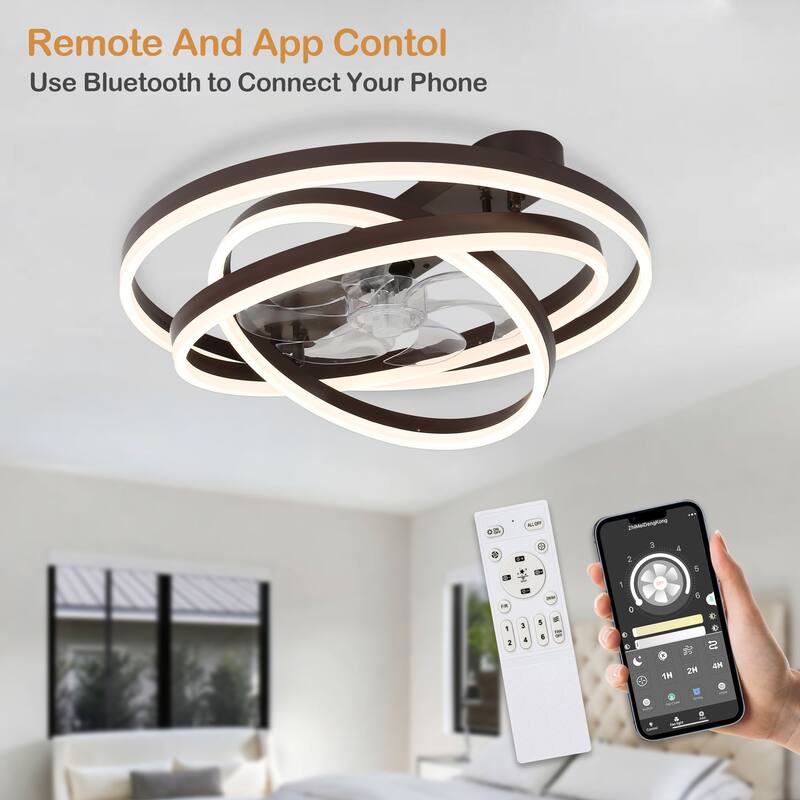 24" Adjustable Light Kit Flush Mount Ceiling Fan, 3 Color Tone CCT dimmable 6 Fan Speed, Remote & App Control for Bedroom - Coffee