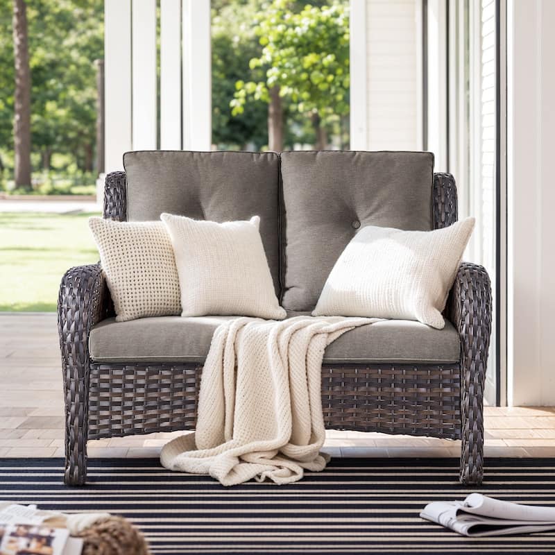 Gymojoy 2-Seat Patio Loveseat, Stylish Outdoor Sofa with Water-Resistant Olefin Cushions - Brown Wicker / Grey Cusion - 1-Piece