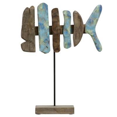 Fish Bone - Tall - Hand Colored Natural Wood Fish Sculpture on Stand