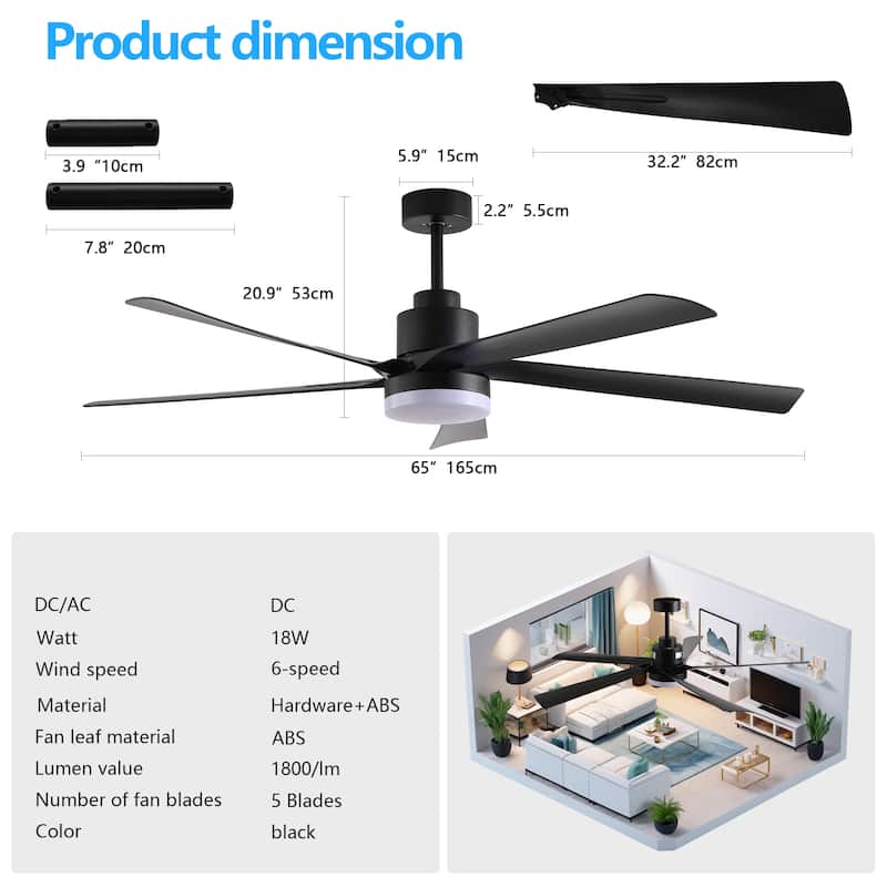 65 Inch Black Ceiling Fan with Light, 5-Blade Dimmable LED Ceiling Fan with Remote Control, Modern Quiet Design for Living Room