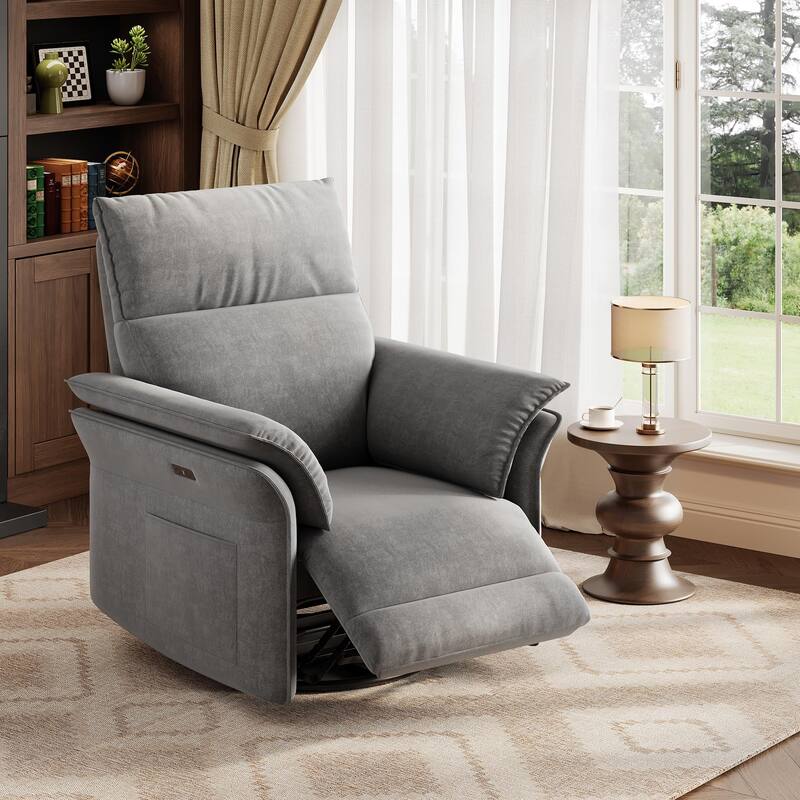 Power Recliner Chair Swivel Glider, Upholstered Faux Leather Nursery Reclining Sofa Chair with Charging Port - Grey