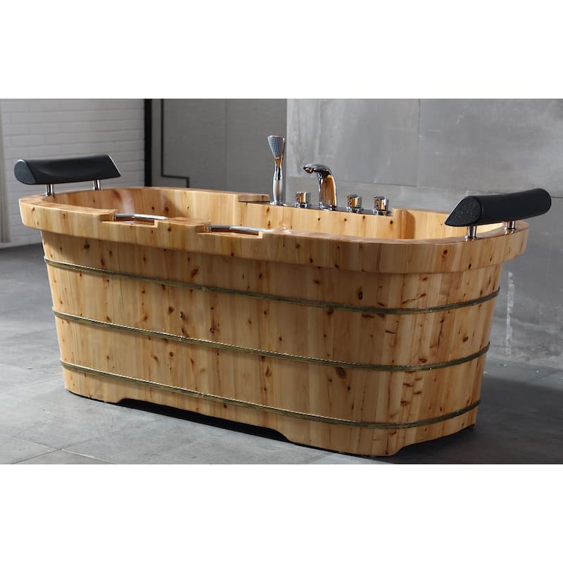 ALFI brand AB1130 65" 2 Person Free Standing Cedar Wooden Bathtub with Fixtures & Headrests - Brown