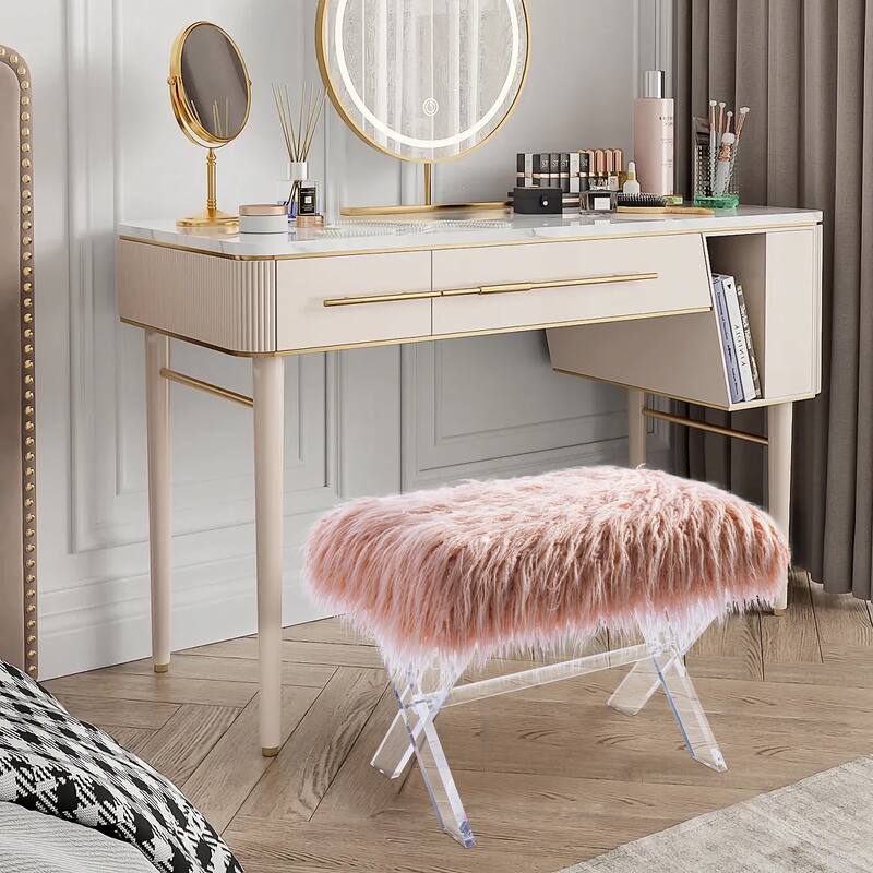 Glitzhome Modern Faux Fur Acrylic Accent Bench Ottoman