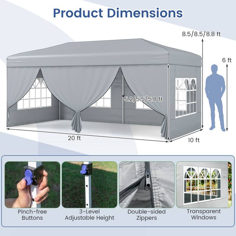 Gymax 10 X 20 FT Pop up Canopy Tent w/ 6 Sidewalls Wheeled Bag 6