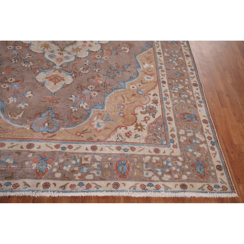 Brown Tabriz Vintage Persian Area Rug Hand-Knotted Wool Carpet - 8'1" x 10'10"