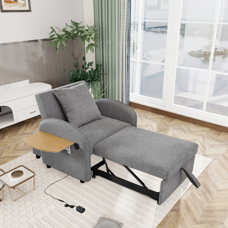 Convertible Single Chair Bed, Sofa Bed with Adjustable Backrest, & USB Port, Sleeper Sofa Daybed with Foldable Panel - Gray