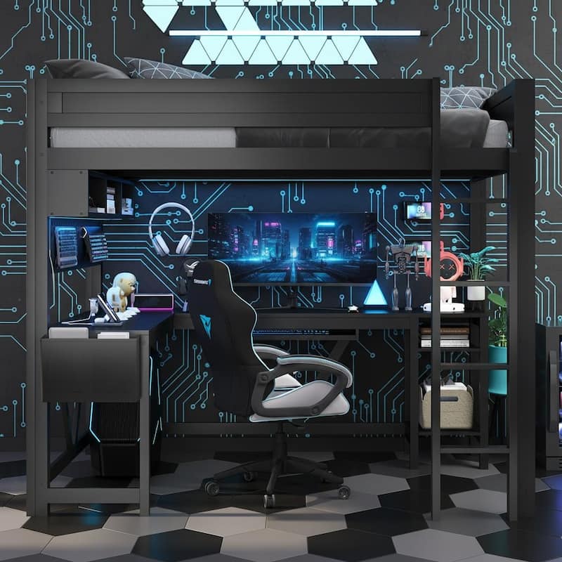 Full Size Gaming Loft Bed with LED Lighting, Built-in Desk, Storage & Charging Ports by Harper&Bright Designs
