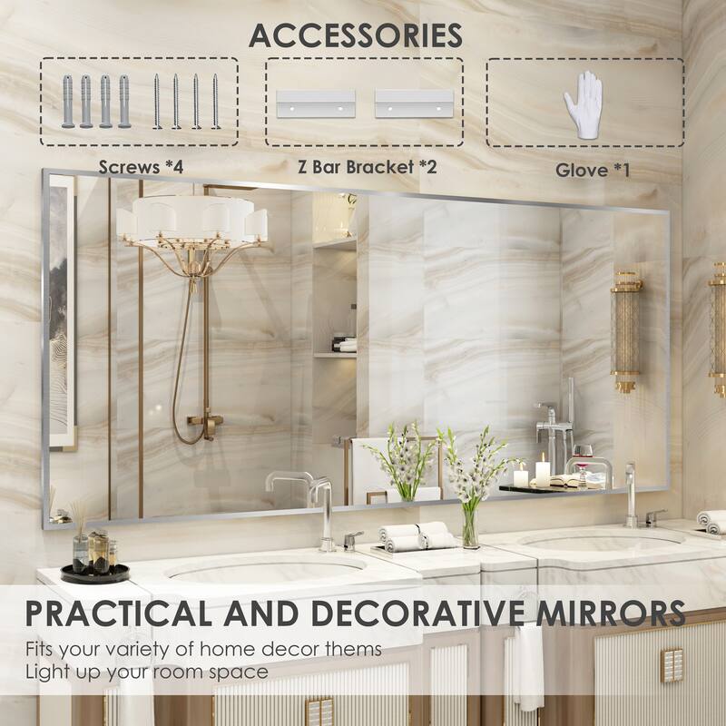 QuivaraView Wall Mounted Aluminum Frame Bathroom Vanity Mirror - 72" x 32" - Silver