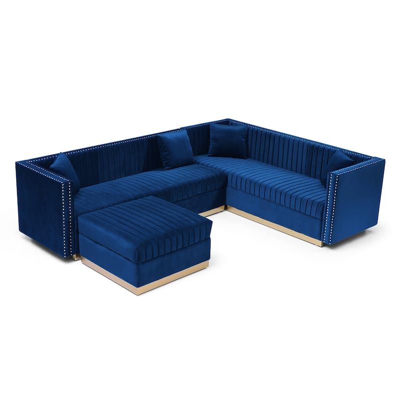 Luxurious Velvet Vertical Channel Tufted L-Shaped Corner Sectional Sofa with Convertible Ottoman and 4 Pillows