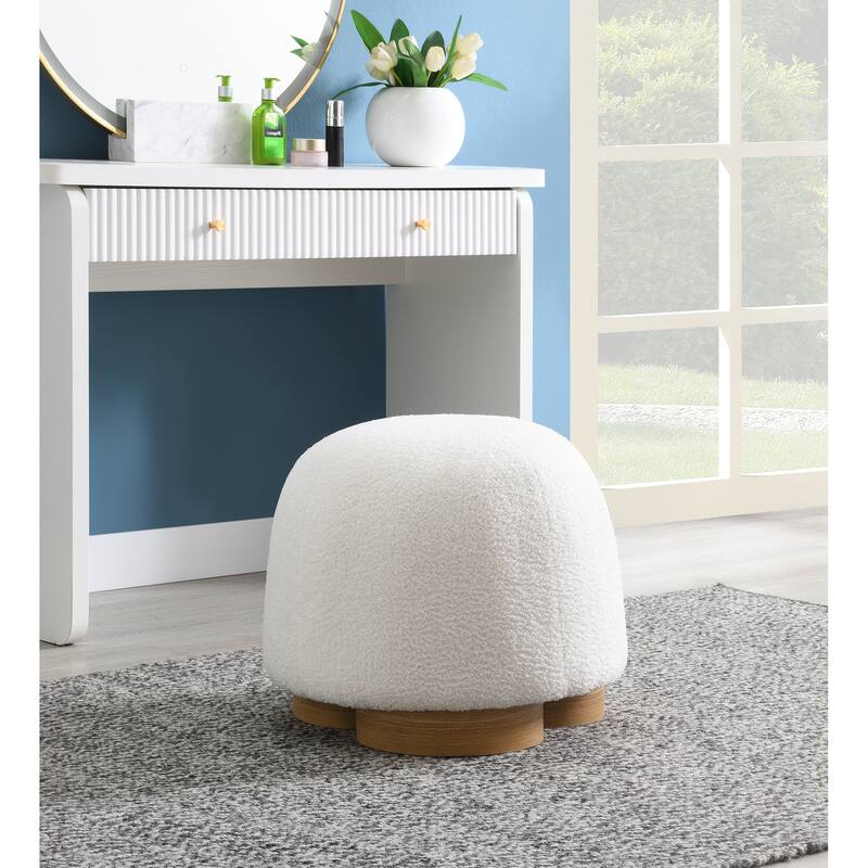 Round Soft Teddy Fabric Upholstered Ottoman, Footstool with Soft Padded Seat, Fully Assembled Modern Sofa Couch Footrest - White