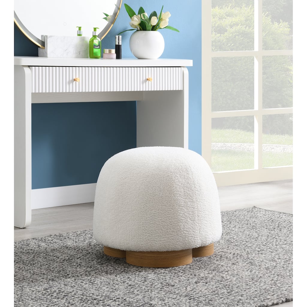 Round Soft Teddy Fabric Upholstered Ottoman, Footstool with Soft Padded Seat, Fully Assembled Modern Sofa Couch Footrest
