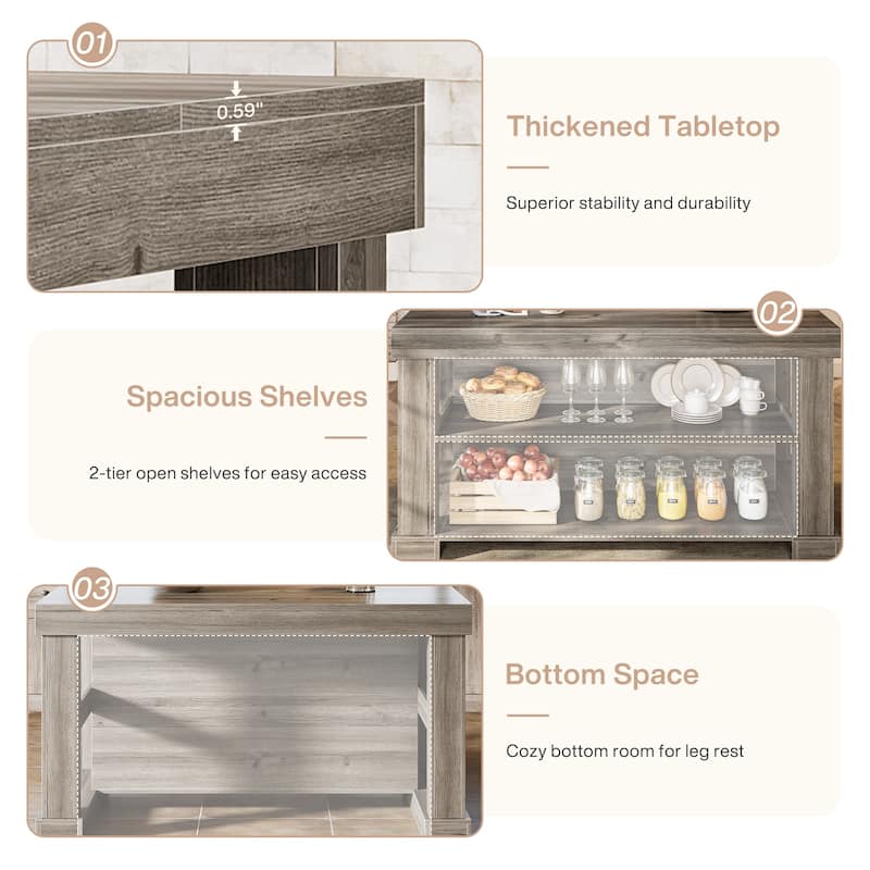 55-Inch Stationary Kitchen Island with Seating and Storage Shelves & Large Worktop, Farmhouse Style - 31.5"D x 55.12"W x 35.43"H