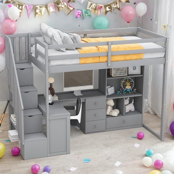 slide 2 of 17, Modern Twin Size Loft Bed With L-Shaped Desk And Drawers,Cabinet And Storage Staircase Grey