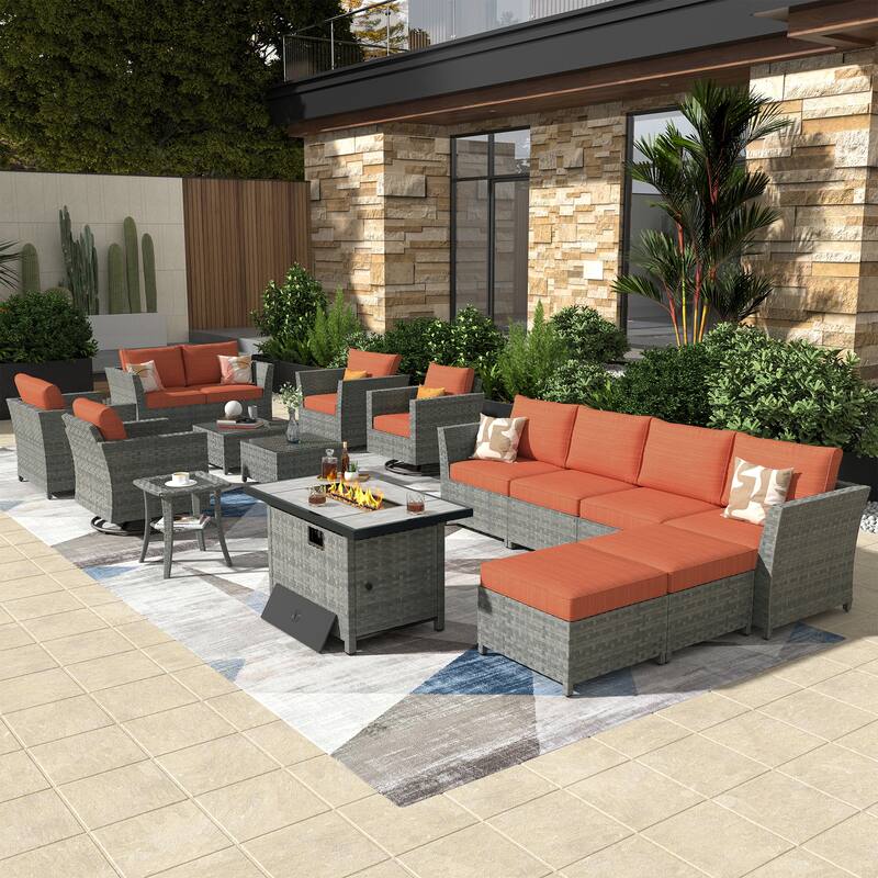 XIZZI 16-piece Outdoor Patio Wicker Furniture Sectional Set with Fire Pit - Red/Orange