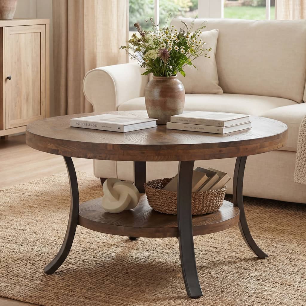 31.5" Round Solid Wood Coffee Table with Metal Legs & Storage Shelf