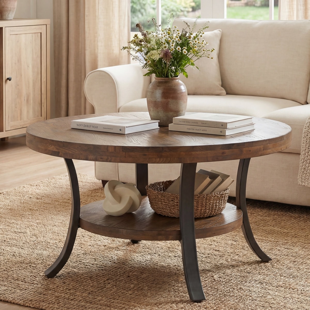 31.5" Round Solid Wood Coffee Table with Metal Legs & Storage Shelf