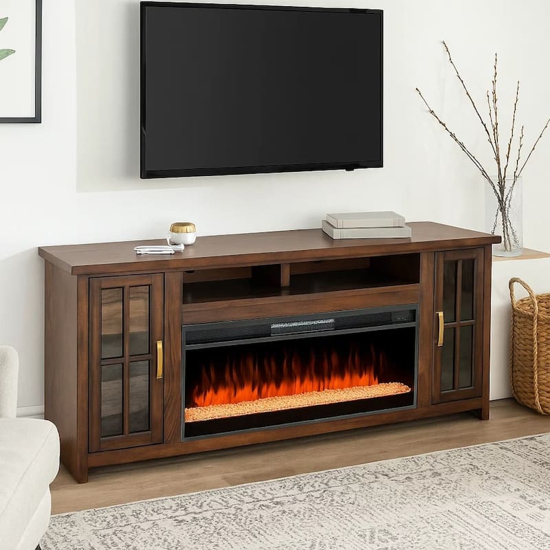 Gery TV Media Console w Crystal Fireplace Insert Option, 76 Inch, 2 Cabinets, Brown