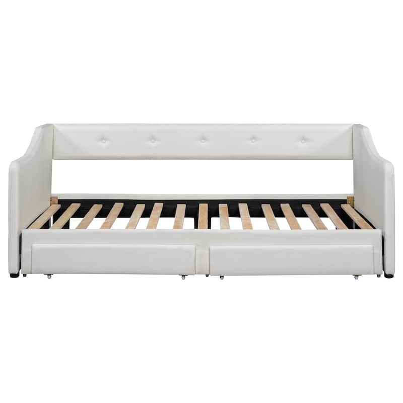 Twin XL to King Size Linen Fabric Daybed, Pull Out Upholstered Platform Sofa Bedframe with 2 Drawers, Wood Slats Support