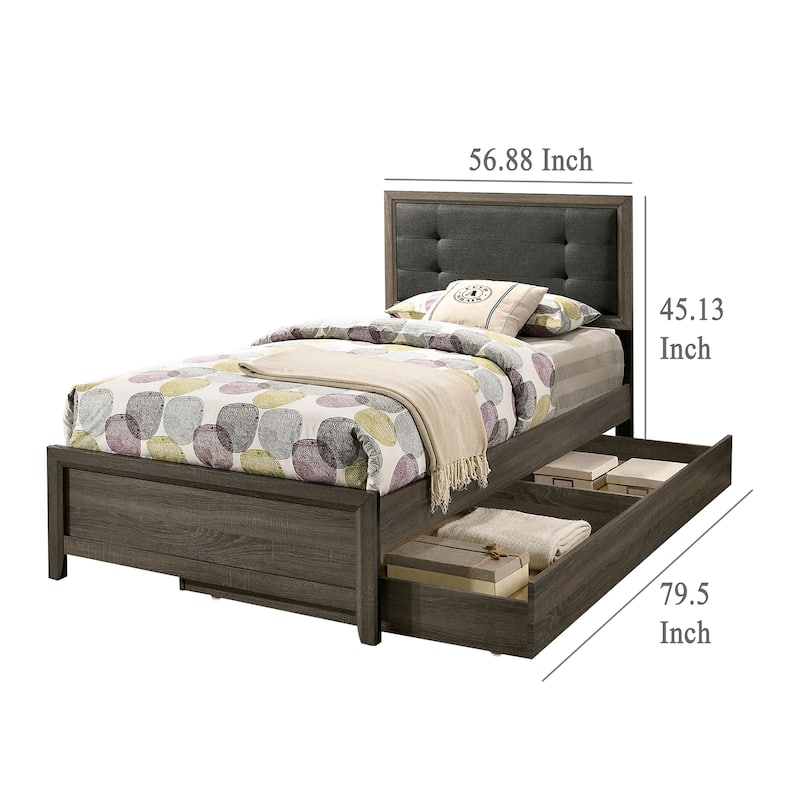 Meli Full Size Bed, Tufted Fabric Upholstery, Dark Gray Solid Wood