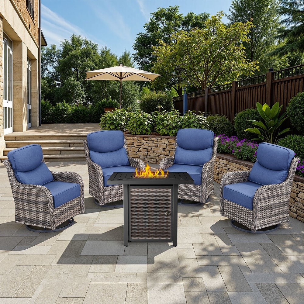 Meyreso 5-Piece Wicker Patio Set with 4 Swivel Glider Chairs and Square All-Iron Fire Pit