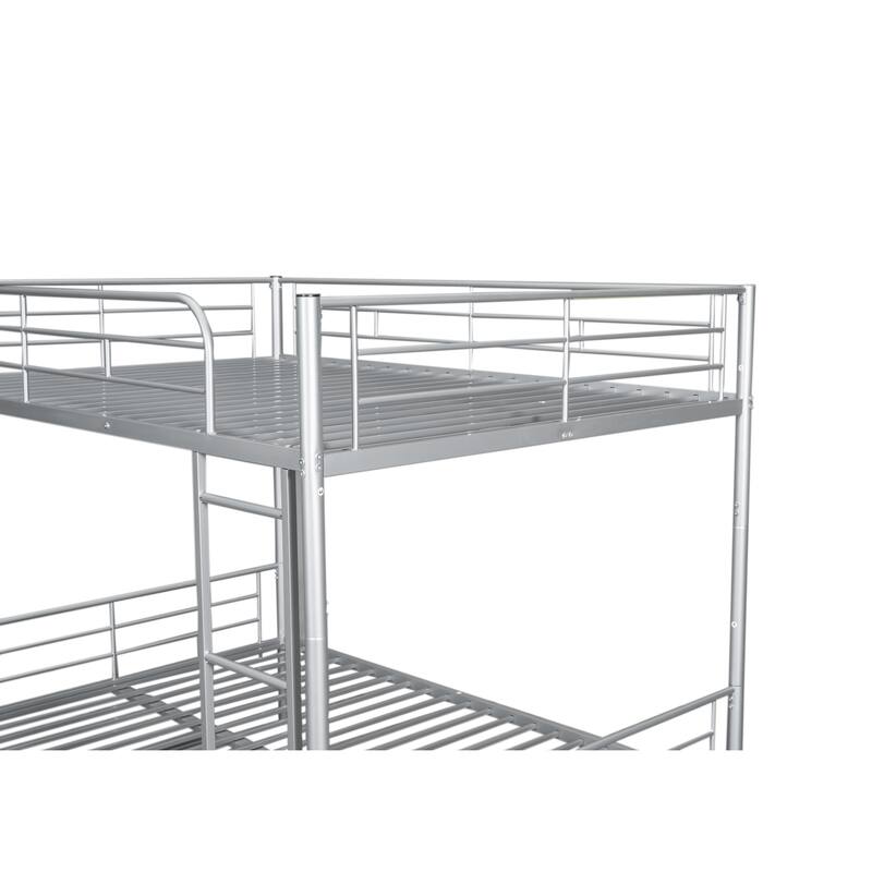 Full Over Full Metal Bunk Bed with Trundle, Silver Finish, Sturdy Iron Frame