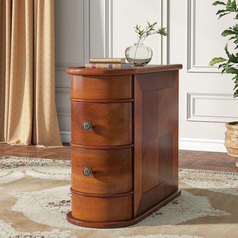 10.8 Inches Narrow End Table with 2 Drawers -Fully Assembled Solid Wood Side Table, Slim Nightstand - Walnut