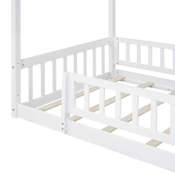 slide 2 of 10, Twin Wood Bed House Bed Frame with Roof Fence and Guardrail, Black PU White - Twin