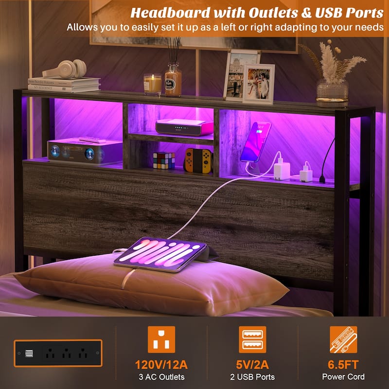Headboard with Storage and Charge Station, Platform Bed Heaboard with LED Lights
