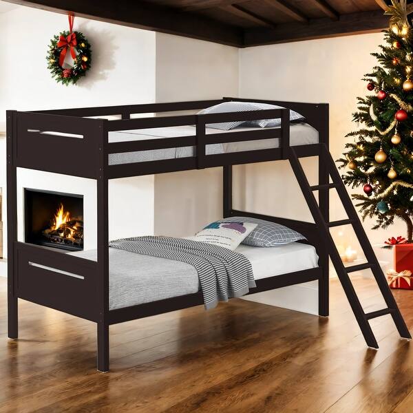 slide 2 of 8, Wooden Versatile Twin over Twin Bunk Bed with Built-in Ladder for Bedroom Brown