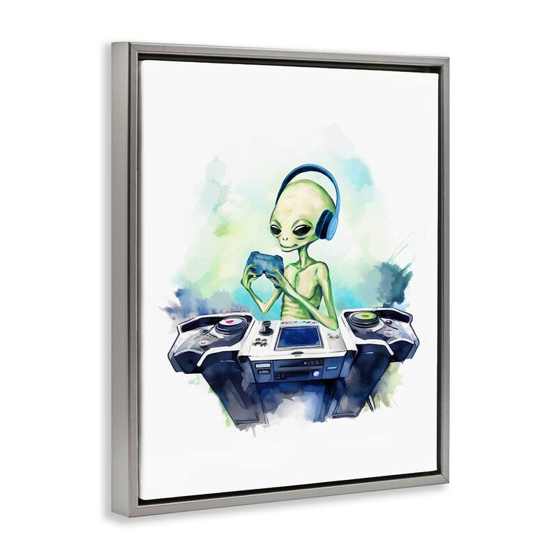Stupell Tech Alien Playing Video Games Framed Floater Canvas Wall Art Design By Lil' Rue