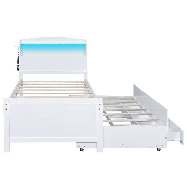 slide 2 of 17, Twin Size Platform Bed with Storage LED Headboard, Trundle and Drawers, a Versatile and Stylish Bedroom Solution White