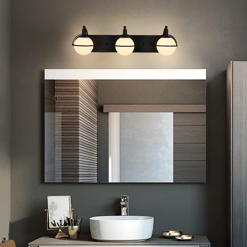 3 - Light Modern Wall Sconce, Black Metal with White Globe Glass Shades