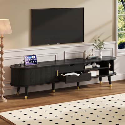 Farmhouse TV Cabinet with Charging Station,Sliding Tambour Door,and Ample Storage for Modern Living Rooms
