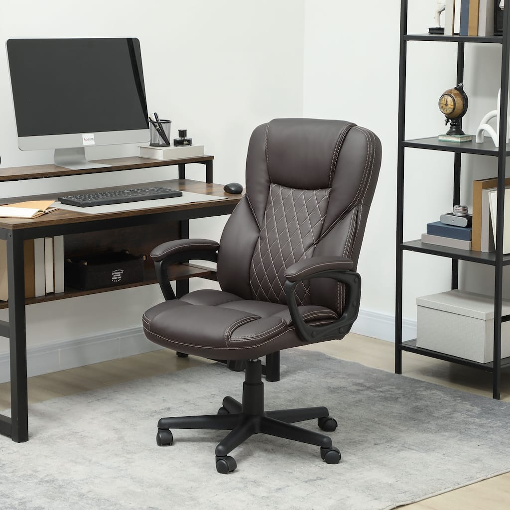 Modern PU Leather Height Adjustable Office Chair with Diamond Stitching and Thick Cushions - 25.6" W x 28.3" D x 41.3" -45.3" H