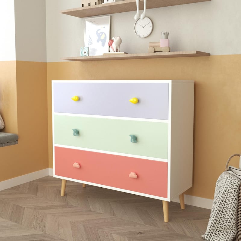 Anmytek Kids 3 Drawer Chest with Pastel Drawers Cartoon Handles Nursery and Playroom Storage