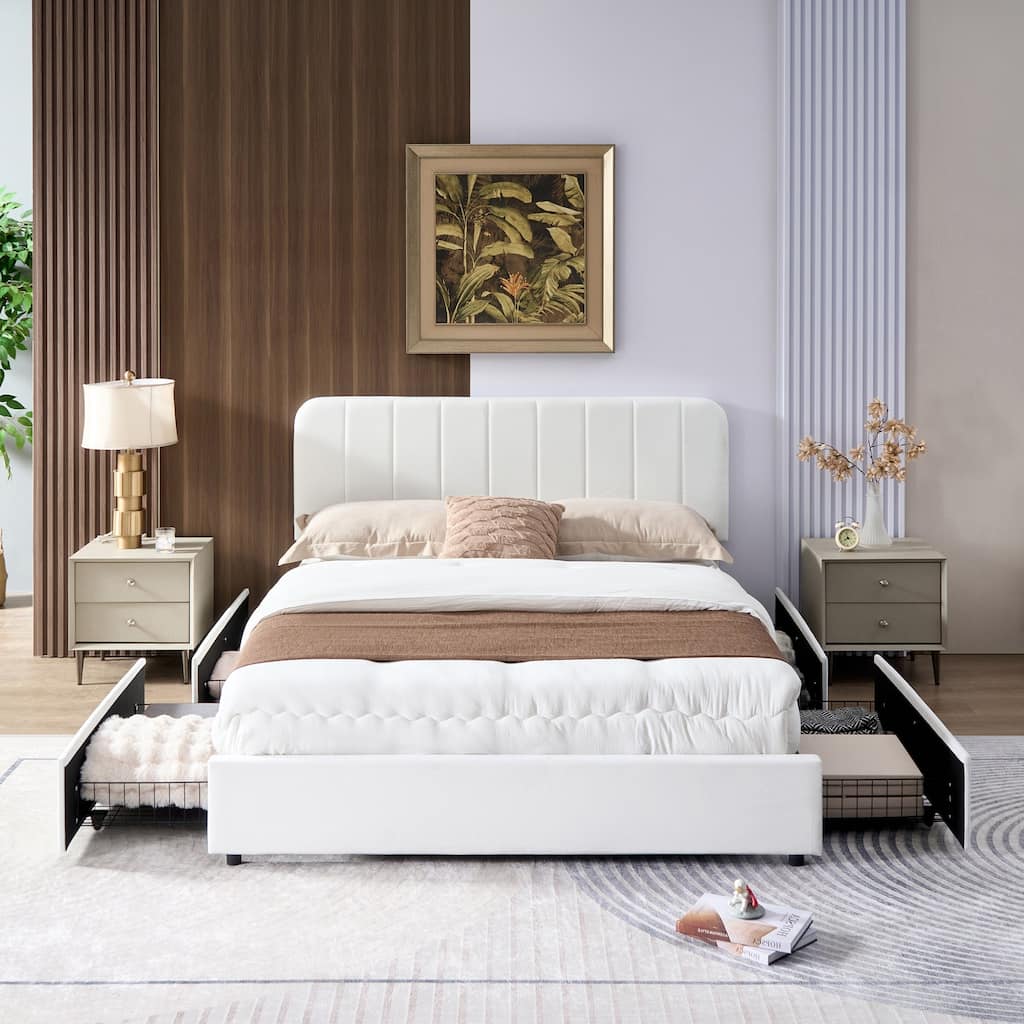 White Upholstered Platform Bed Frame with 4 Storage Drawers, Adjustable Velvet Rivets Headboard