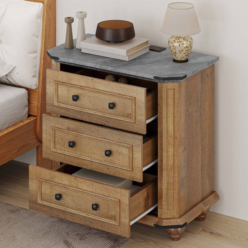 Farmhouse End Table, Sofa Side Table with Charging Station