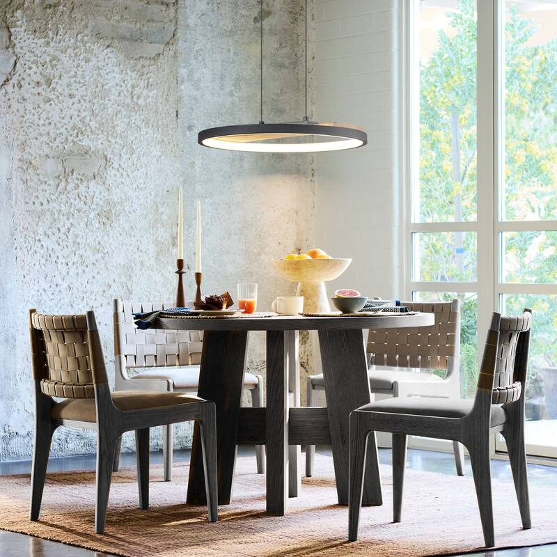 1-Light Modern Black Round Wheel Wood Integrated LED Pendant Light for Dining Room - 15.7 in. W x 81.1 in. H