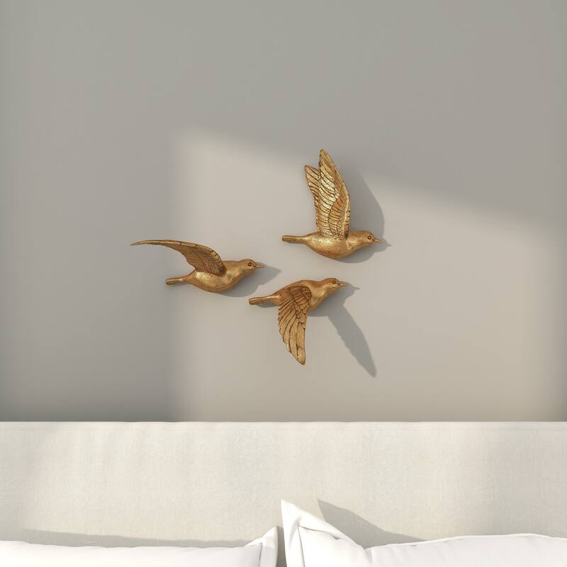 Polystone Weathered 3D Floating Bird Wall Decor (Set of 3) - Dark Brown, Gold, Silver