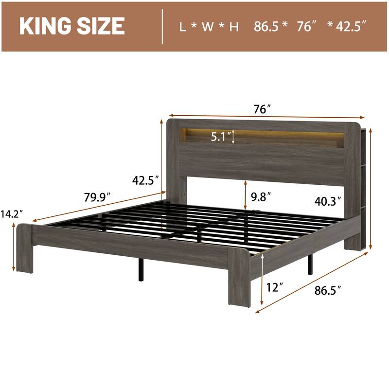 Wood Platform Bed Frame with LED Storage Headboard, USB Charging Ports, Noise-Free Design & Large Underbed Storage