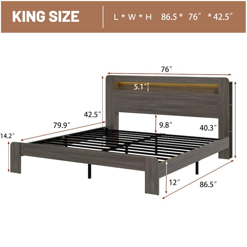 Wood Bed, Low Profile Platform Bed Frame with Storage Headboard Built-in LED Light and Charging Station
