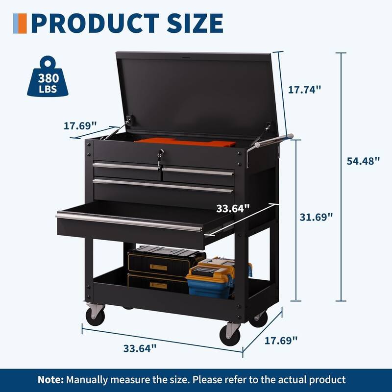 4-Drawer Rolling Tool Chest, Tool Box Cart with Lock, Heavy Duty Metal Tool Cart On Wheels, Powder-Coated Steel, Tool