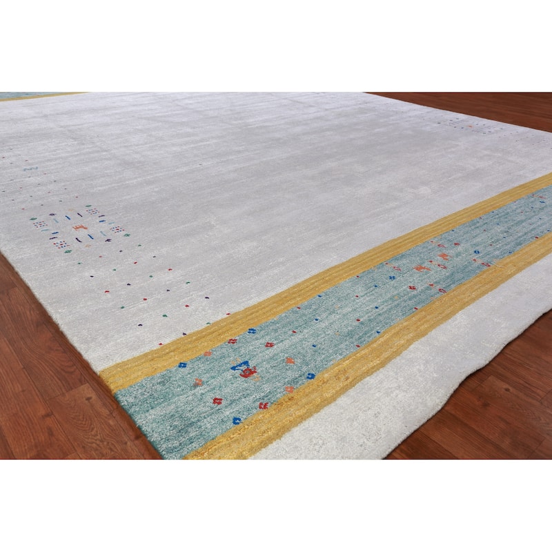 Silver Gray Gabbeh Rug Hand-Knotted Wool Carpet - 9'4" x 12'1" - 9'4" x 12'1" - Grey
