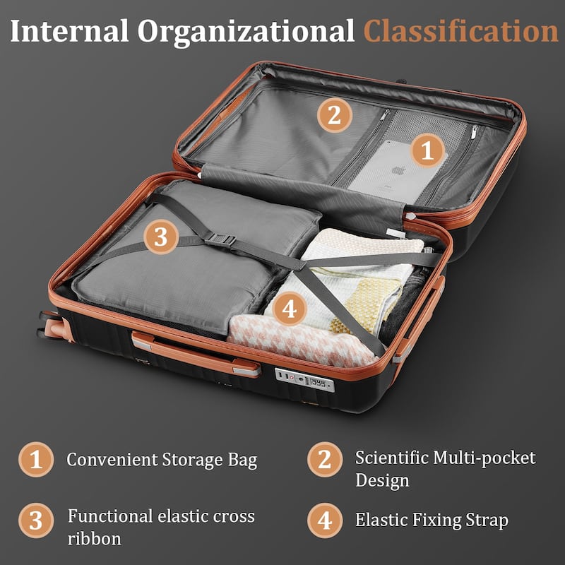 4-Piece, 14/20/24/28-Inch Modern Lightweight Luggage Expandable Luggage with Spinner Wheels, for Boarding Travel, Black