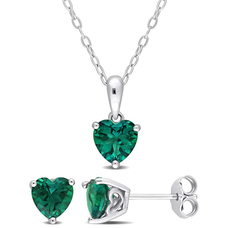 Miadora 2 1/4ct TGW Heart-Shape Created Emerald Set of Necklace and Earrings in Sterling Silver