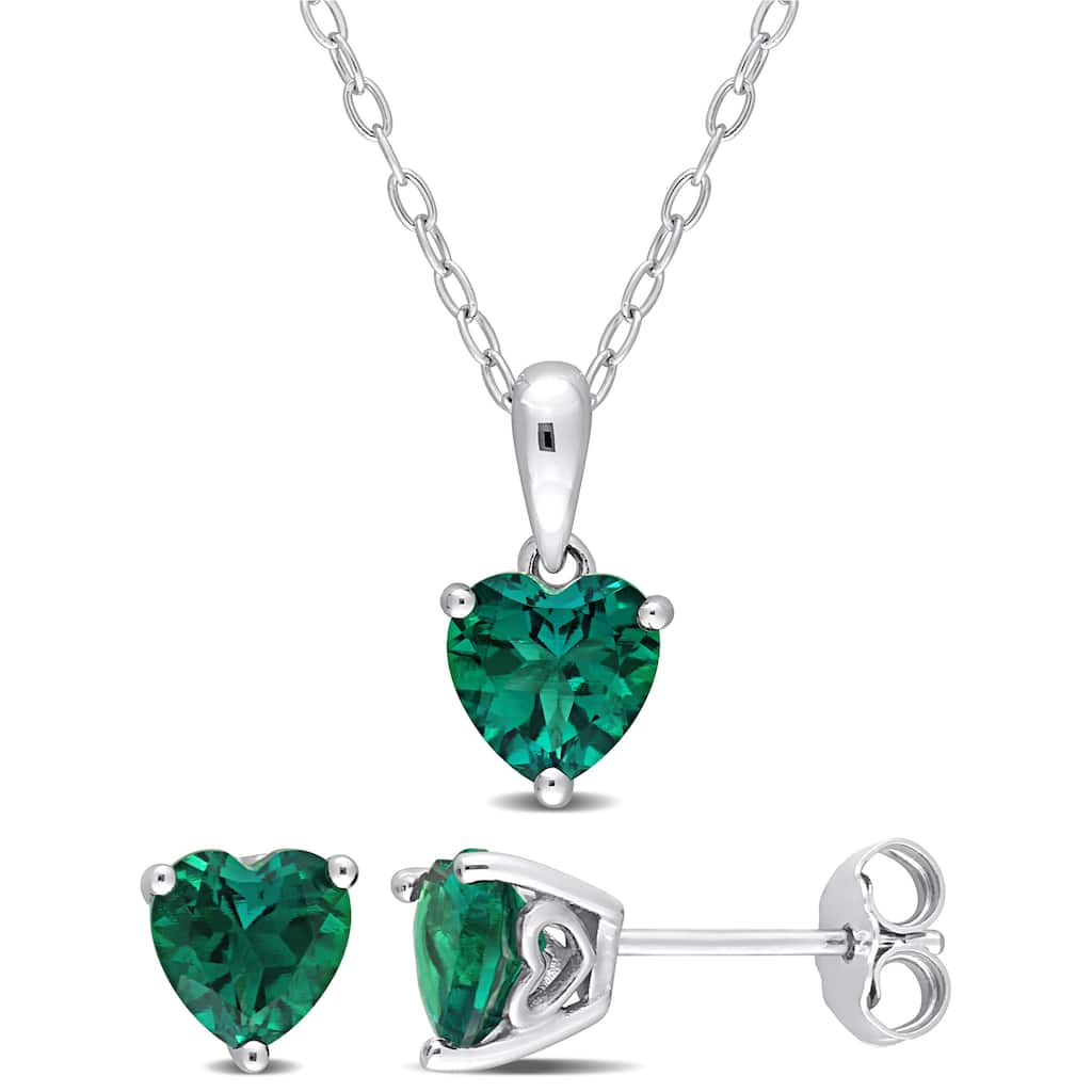 Miadora 2 1/4ct TGW Heart-Shape Created Emerald Set of Necklace and Earrings in Sterling Silver
