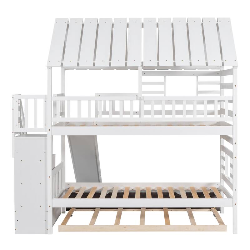 Twin Over Twin House Bunk Bed with Trundle, Slide, and Storage Staircase