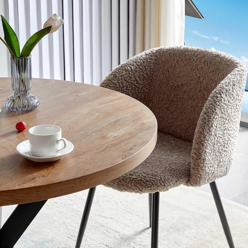 Howtai Round Dining Table Set with Fluffy Sherpa Arm Chairs Space Saving