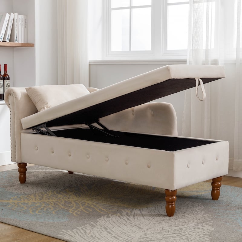 Kimberly Velvet Chaise Lounge with Storage and Pillow by GDFStudio - 58.26"L x27.9"W x 28.3"H
