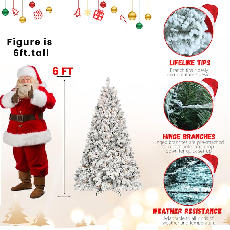 Pre-Lit Snow Flocked Tree - UL Lights, Pine Cones, Snowy PVC Tips, Hinged Structure - Green,White
